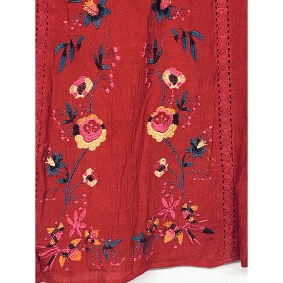 Umgee Womens Top size Small Red Floral Embroidered Boho Crepe Style Top - Picture 4 of 8
